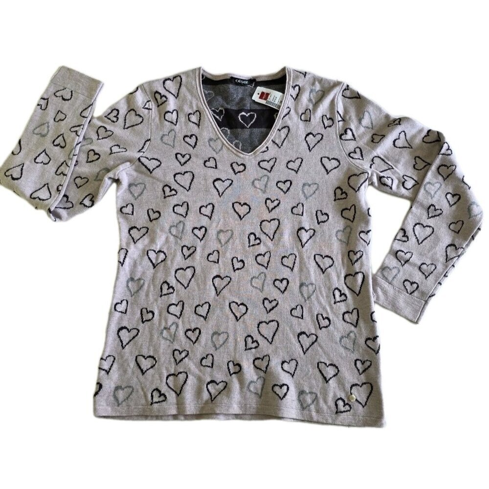Olsen Sweater Womens US 8 Lavender Heart Shapes AOP LS V Neck Cotton Boho Casual